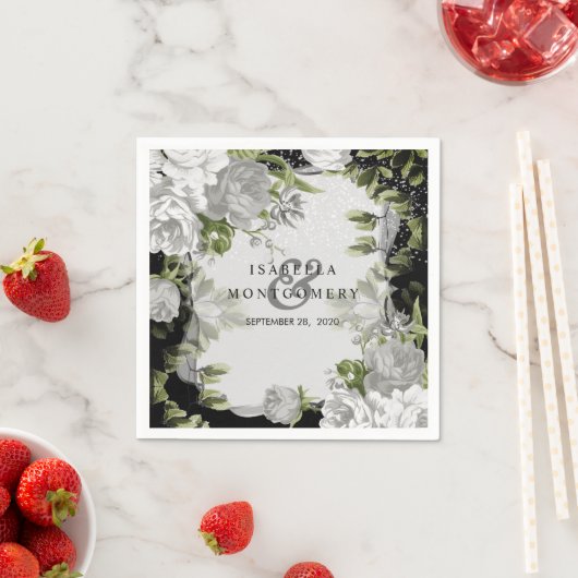 黒エレガント白フローラ結婚 スタンダードカクテルナプキン (インサイチュ)