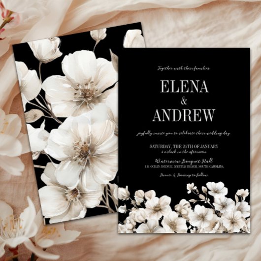 黒エレガント白フローラ結婚 招待状