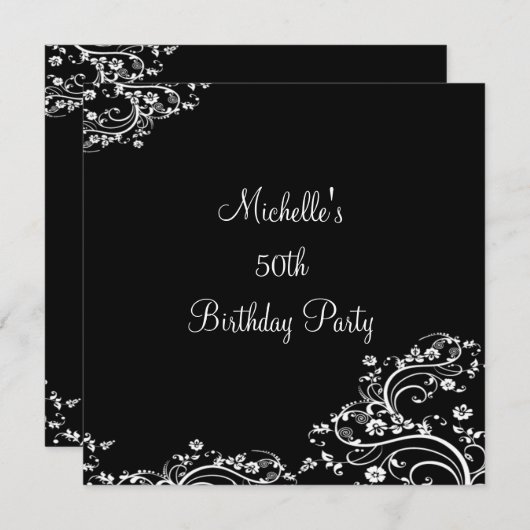 黒エレガント白フローラ50th誕生日パーティー 招待状 (正面/裏面)