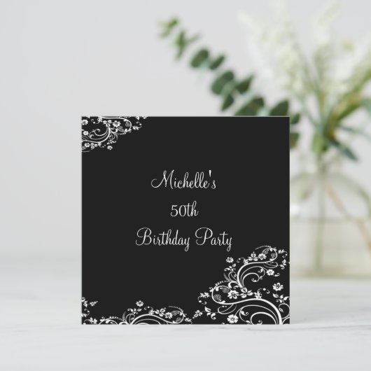 黒エレガント白フローラ50th誕生日パーティー 招待状 (スタンド正面)
