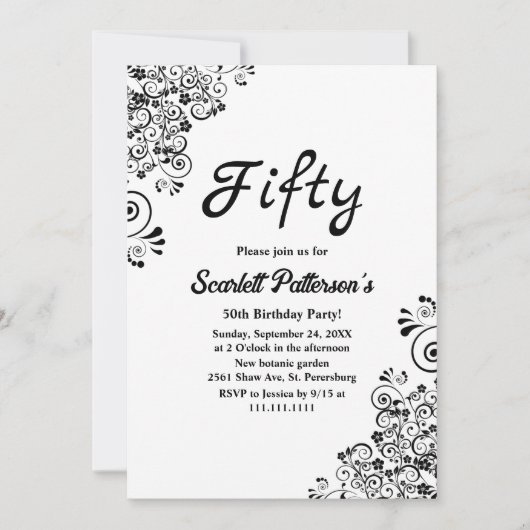 黒エレガント白ボホフローラ50誕生日 招待状 (正面)