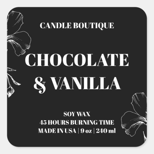 黒エレガント白モダンフローラろうそくラベル スクエアシール (正面)