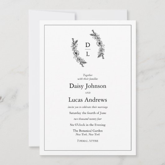 黒エレガント白モノグラム結婚式招待状 招待状 (正面)