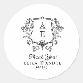 黒エレガント白モノグラム葉冠結婚s ラウンドシール