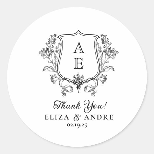 黒エレガント白モノグラム葉冠結婚s ラウンドシール (正面)