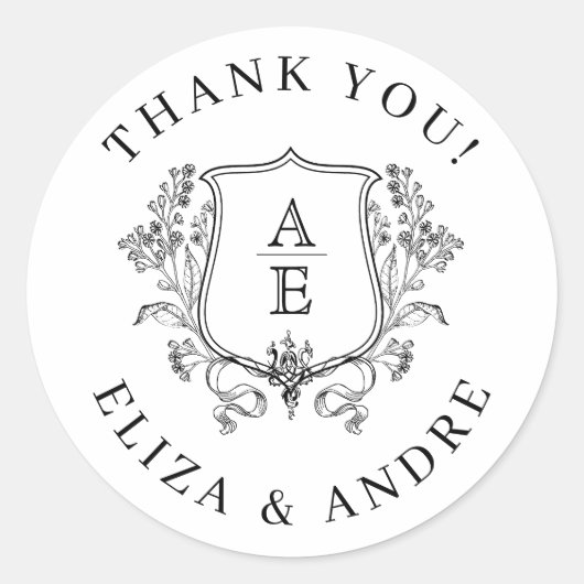 黒エレガント白モノグラム葉冠結婚s ラウンドシール (正面)