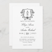 黒エレガント白モノグラム葉冠結婚s 招待状 (正面/裏面)