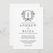 黒エレガント白モノグラム葉冠結婚s 招待状 (正面/裏面)