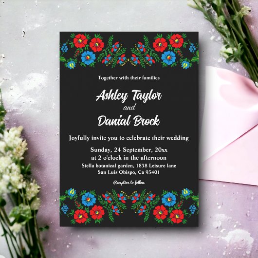 黒エレガント白ロマンチックなフローラ結婚ズ 招待状