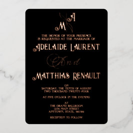 黒エレガント白ローズ金ゴールドストライプの結婚ズ 箔招待状