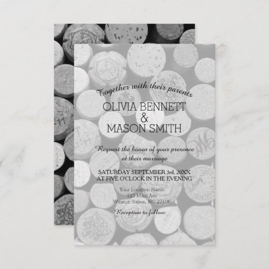 黒エレガント白ワインコーク結婚のカード 招待状 (正面/裏面)