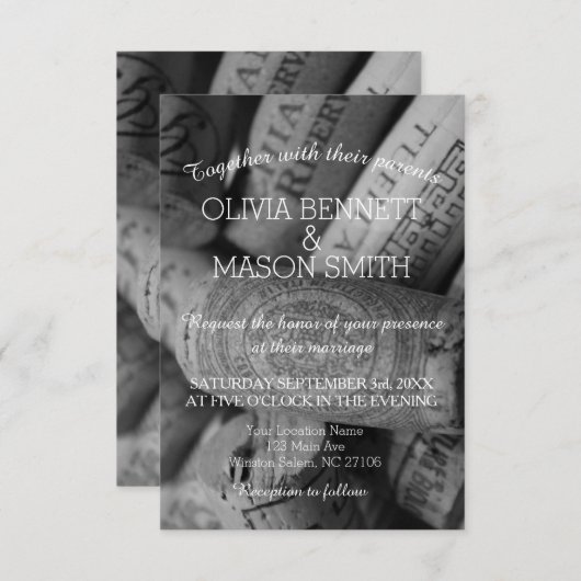 黒エレガント白ワインコーク結婚のカード 招待状 (正面/裏面)