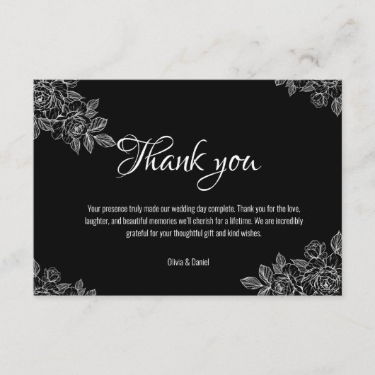 黒エレガント白結婚サンキューカード エンクロージャーカード (正面)