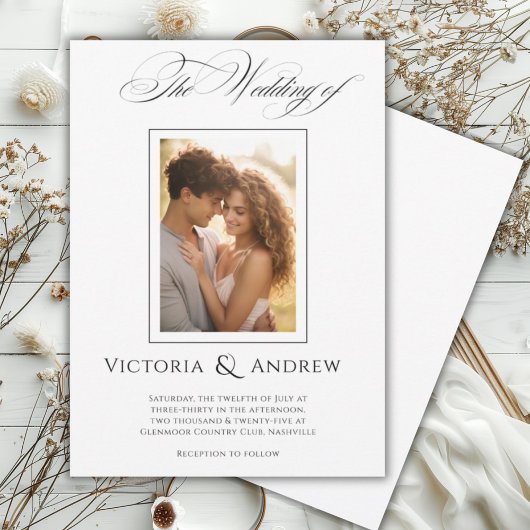 黒エレガント白結婚式招待状&写真 招待状