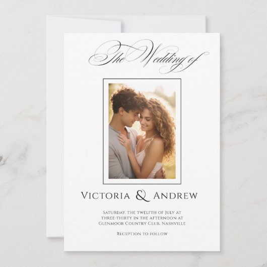 黒エレガント白結婚式招待状&写真 招待状 (正面)