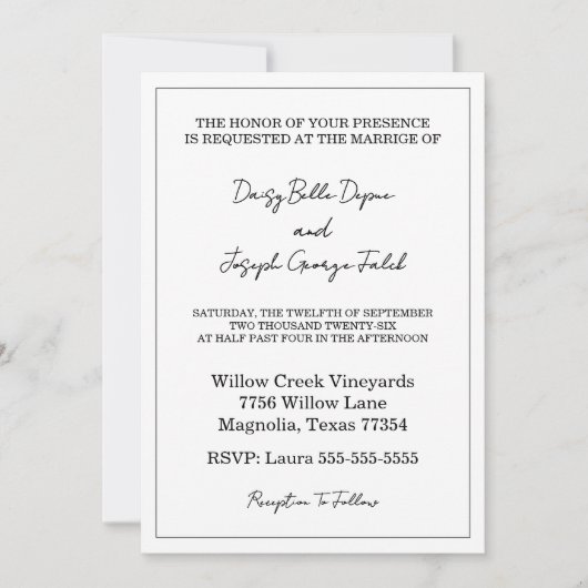 黒エレガント白結婚式招待状 招待状 (正面)