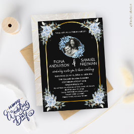 黒エレガント白金ゴールド写結婚真 招待状