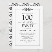 黒エレガント白100th誕生日パーティーブウ 招待状 (正面/裏面)