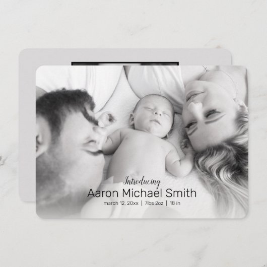 黒エレガント白2枚の写真誕生のお知らせ 招待状 (正面/裏面)