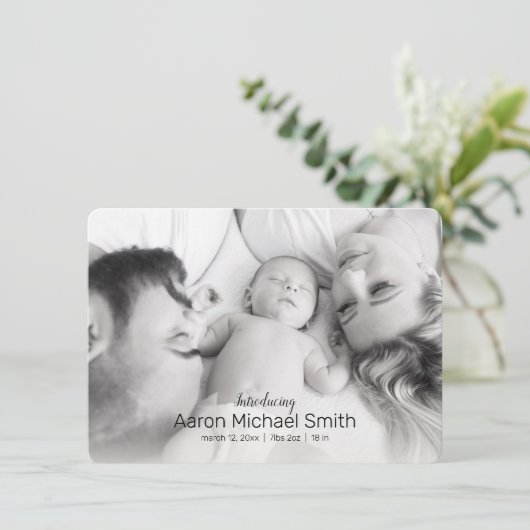 黒エレガント白2枚の写真誕生のお知らせ 招待状 (スタンド正面)