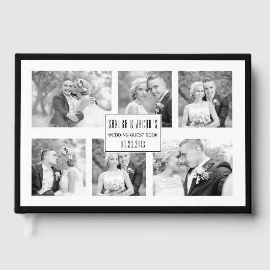 黒エレガント白6枚の写真結婚コラージュ ゲストブック (正面)