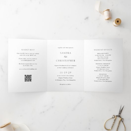 黒エレガント白QRコードモダン結婚 三つ折り招待状 (内部)