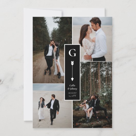 黒エレガント矢印結婚のコラージュ サンキューカード (正面)