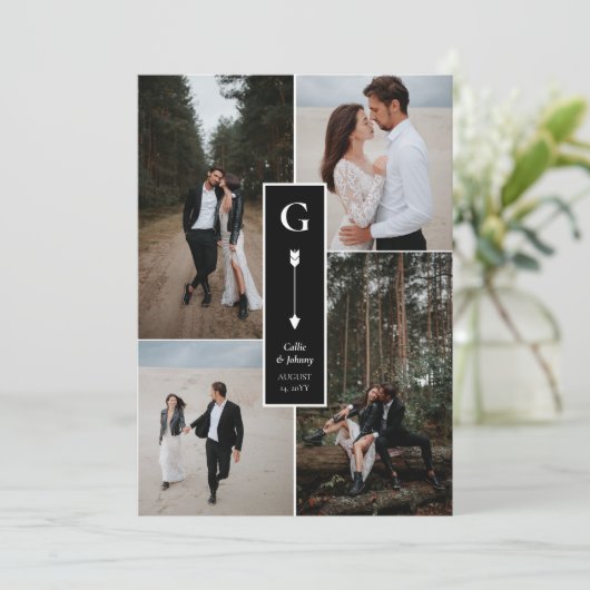 黒エレガント矢印結婚のコラージュ サンキューカード (スタンド正面)