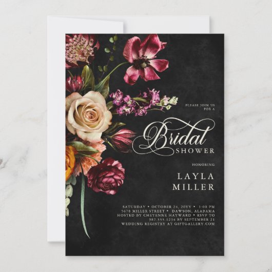 黒エレガント秋フローラスクリプトブライダルシャワー 招待状 (正面)