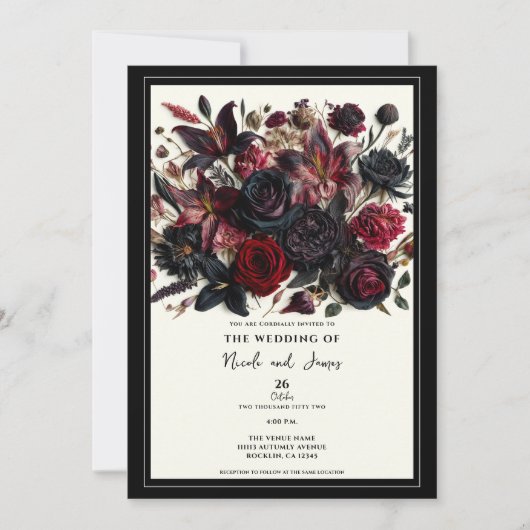 黒エレガント秋押し花ダーク結婚ズ 招待状 (正面)