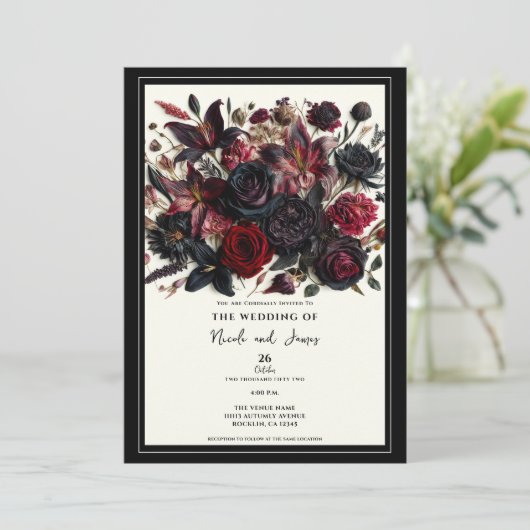黒エレガント秋押し花ダーク結婚ズ 招待状 (スタンド正面)