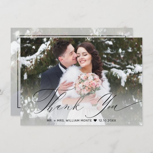 黒エレガント筆書結婚写 サンキューカード (正面/裏面)