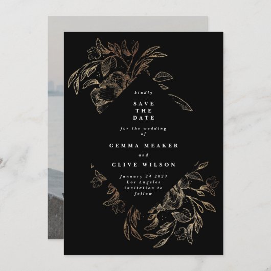 黒エレガント筆植物画結婚像 セーブザデート (正面/裏面)