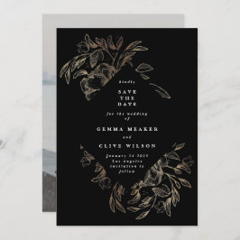 黒エレガント筆植物画結婚像 セーブザデート