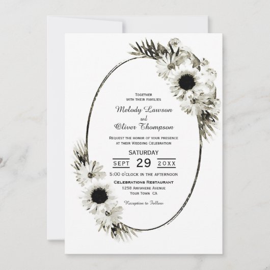 黒エレガント素朴白フローラ結婚 招待状 (正面)