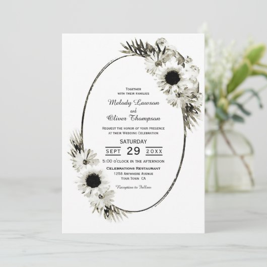 黒エレガント素朴白フローラ結婚 招待状 (スタンド正面)