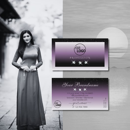 黒エレガント紫の輝くグラデーション宝石ロゴの追加 名刺