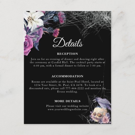 黒エレガント紫ゴシックフローラスカル結婚ズ エンクロージャーカード (正面)