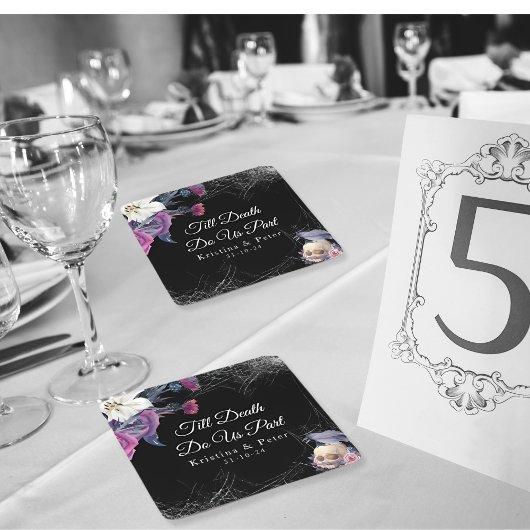 黒エレガント紫ゴシックフローラスカル結婚ズ スクエアペーパーコースター