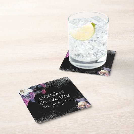 黒エレガント紫ゴシックフローラスカル結婚ズ スクエアペーパーコースター (インサイチュ)