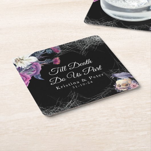 黒エレガント紫ゴシックフローラスカル結婚ズ スクエアペーパーコースター (アングル)