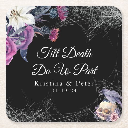 黒エレガント紫ゴシックフローラスカル結婚ズ スクエアペーパーコースター (正面)