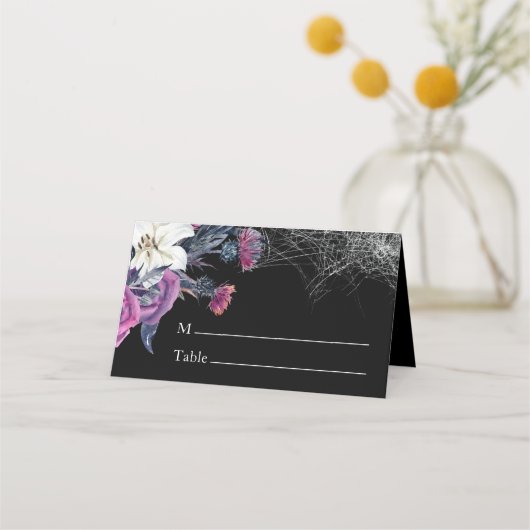 黒エレガント紫ゴシックフローラスカル結婚ズ プレイスカード (正面)