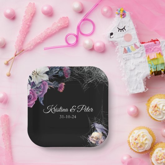 黒エレガント紫ゴシックフローラスカル結婚ズ ペーパープレート (パーティー)