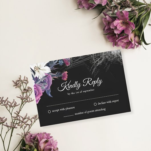 黒エレガント紫ゴシックフローラスカル結婚ズ 出欠カード