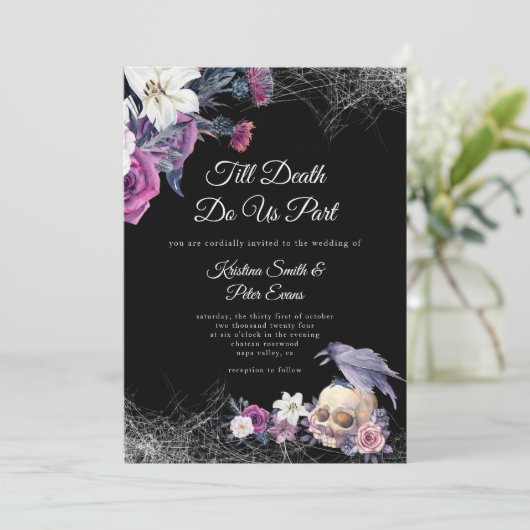 黒エレガント紫ゴシックフローラスカル結婚ズ 招待状 (スタンド正面)