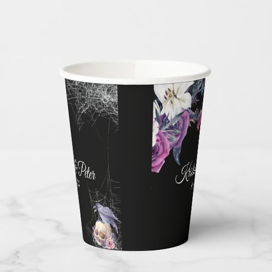 黒エレガント紫ゴシックフローラスカル結婚ズ 紙コップ (左)