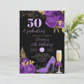 黒エレガント紫スティレットヒールフローラ誕生日 招待状 (スタンド正面)