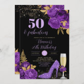 黒エレガント紫スティレットヒールフローラ誕生日 招待状 (正面/裏面)