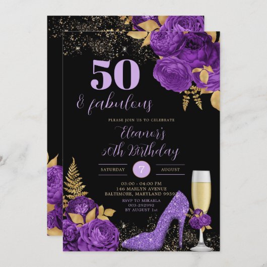 黒エレガント紫スティレットヒールフローラ誕生日 招待状 (正面/裏面)